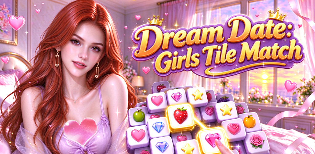 Dream Date key art: a character beside a stack of heart, gem, rose, and fruit tiles, with the game title.